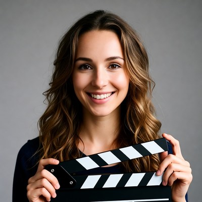 Smiling woman holding clapperboard