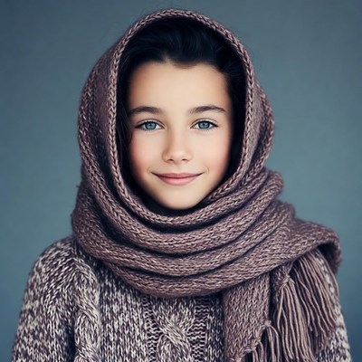 Girl smiling in knitted hood and scarf