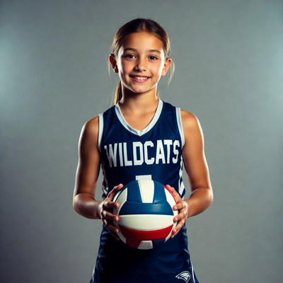 Girl holding volleyball in Wildcats jersey