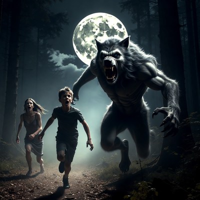 Werewolf chasing boy and girl in forest