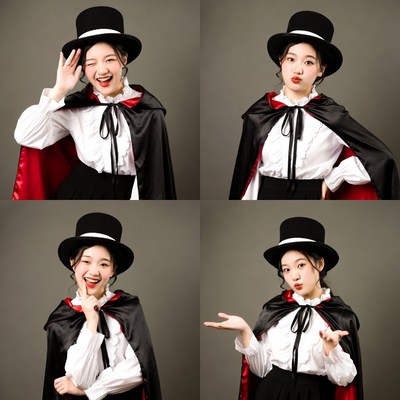 Asian woman in top hat vampire costume