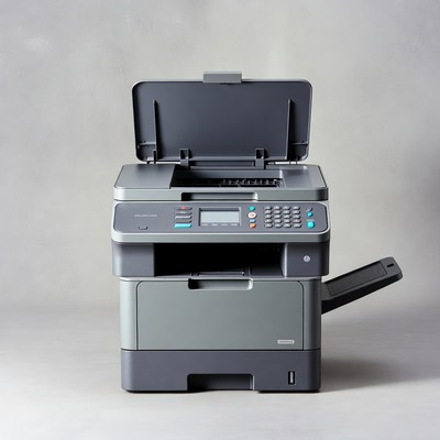 Open Multifunction Printer on Gray Background
