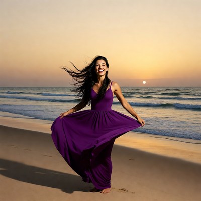 Woman twirling purple dress on beach sunset
