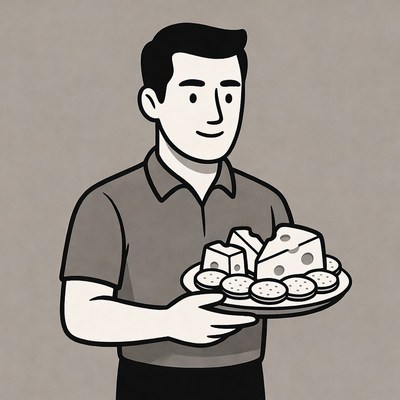 Man holding cheese and crackers platter