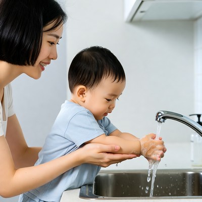 Asian mother helping baby wash hands