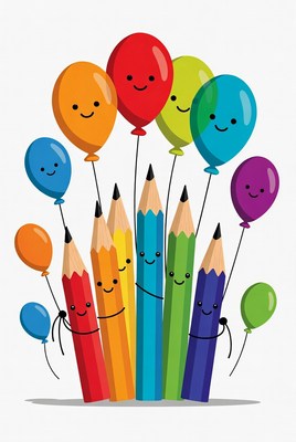 Colorful Smiling Pencils and Balloons