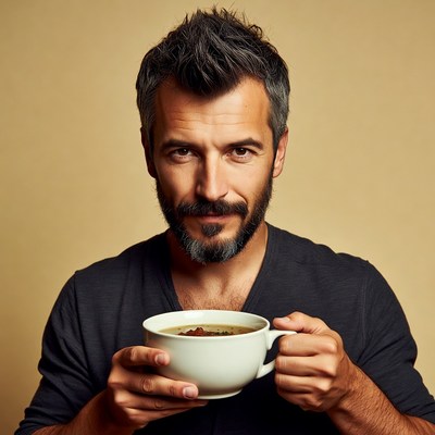 Man holding bowl of soup
