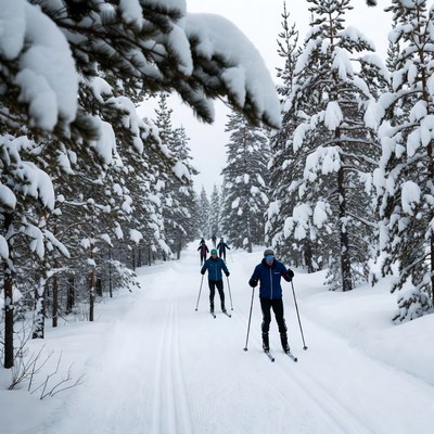 Cross-country skiers in snowy forest