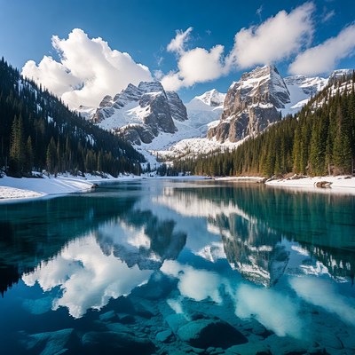 Turquoise Lake with Snowy Mountains Reflection