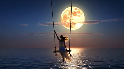 Woman swinging on rope swing under full moon