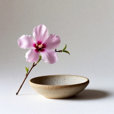 Pink Hibiscus Flower in Clay Bowl