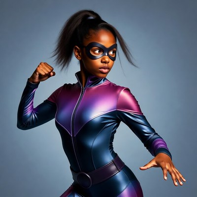 African-American girl in purple superhero costume