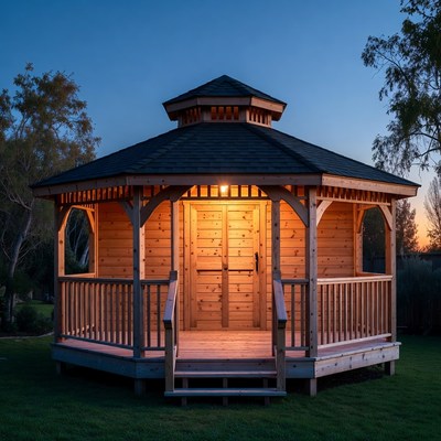 Octagonal Wooden Gazebo at Dusk