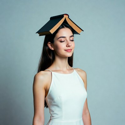 Woman balancing open book on head
