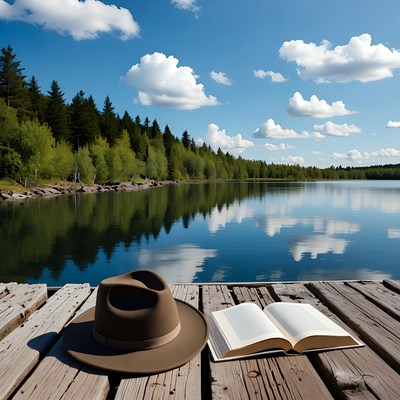 Open Book and Hat on Lakeside Dock