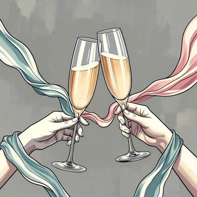 Hands toasting champagne glasses with ribbons