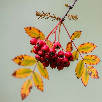 Red Mountain Ash Berries with Autumn Leaves
