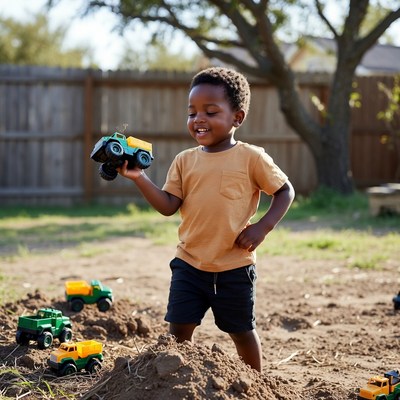 African-American boy playing with toy dump trucks