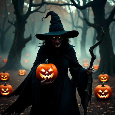 Witch holding pumpkin in foggy forest