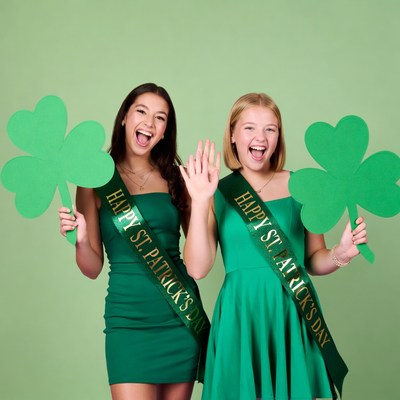 Two girls holding shamrocks for St. Patrick's Day