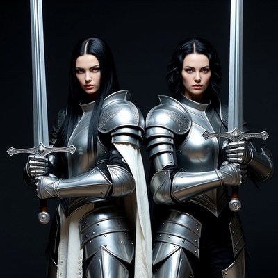 Two women in silver armor holding swords