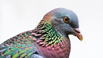 Colorful pigeon close-up on white background