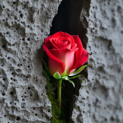 Red Rose Emerging from Concrete Wall