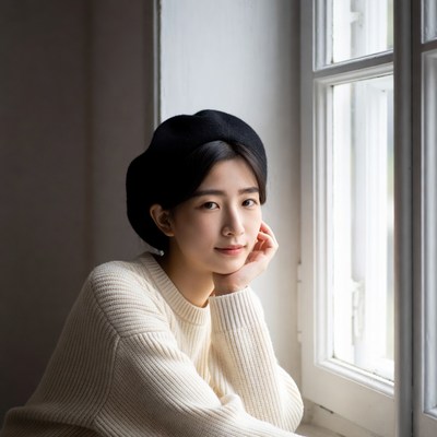 Asian woman in beret by window
