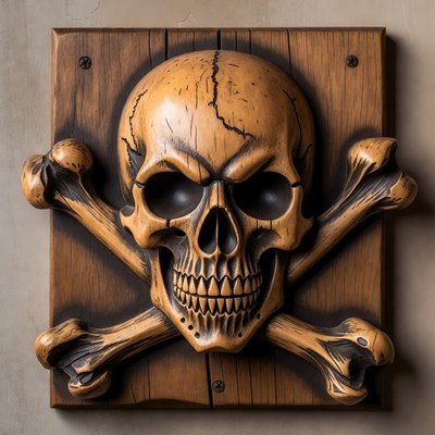 Skull and Crossbones on Wooden Plaque