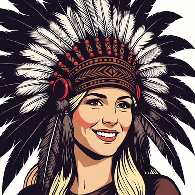 Blonde woman wearing Native American headdress