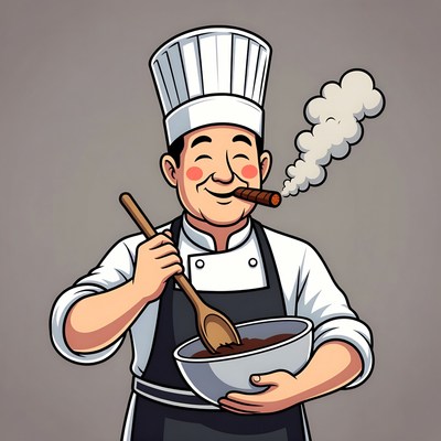 Cartoon chef smoking cigar stirring bowl