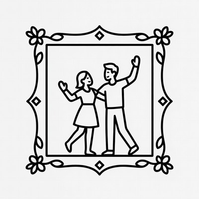 Cartoon couple dancing in ornate frame