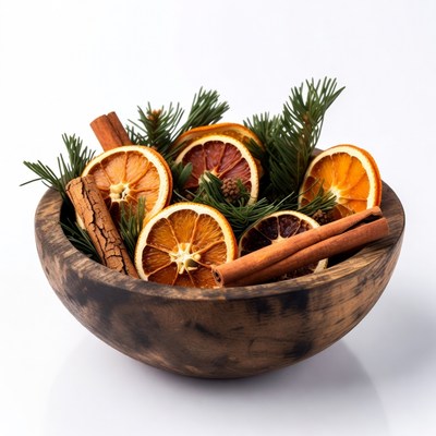 Wooden Bowl with Oranges Cinnamon Sticks Pine
