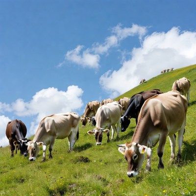 Herd of cows grazing on green hillside