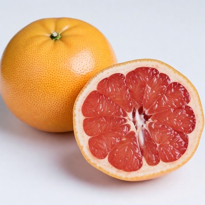 Whole and halved grapefruit