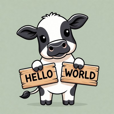 Cute calf holding Hello World signs