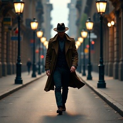 Man in trench coat walking rainy street