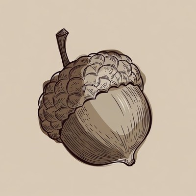 Illustrated Acorn on Beige Background
