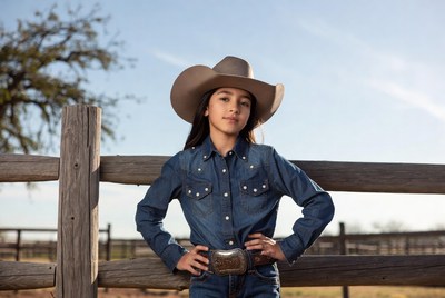 Girl in cowboy hat by fence