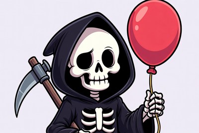 Cute Grim Reaper holding red balloon