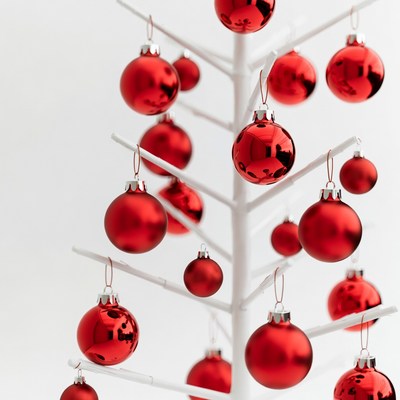 White Christmas tree with red ornaments