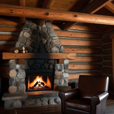 Cozy Log Cabin Fireplace with Leather Chair
