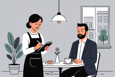 Waitress taking order from man in cafe