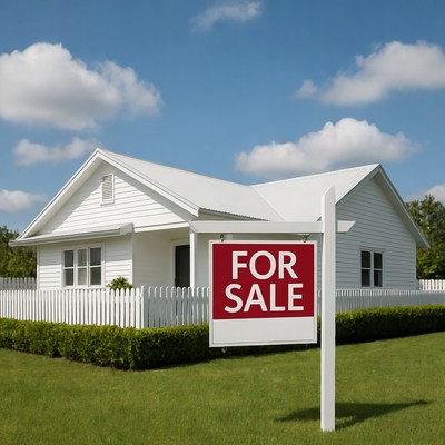 White house with for sale sign