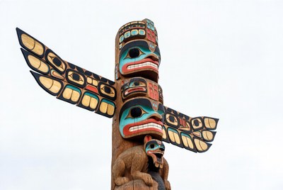 Colorful Totem Pole with Eagle and Bear