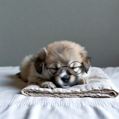 Puppy sleeping with glasses on bed