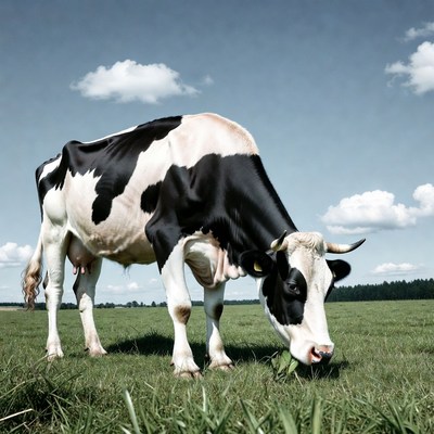 Holstein cow grazing in green field