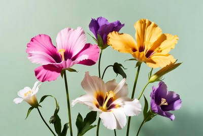 Colorful Hibiscus Flowers on Green Background