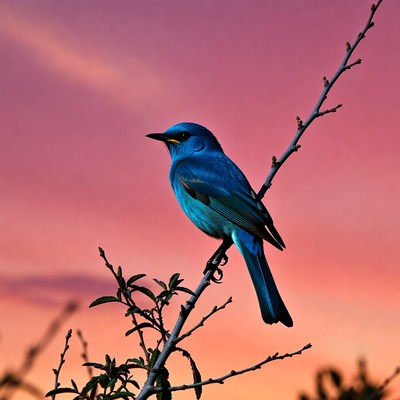 Blue bird perched on branch at sunset