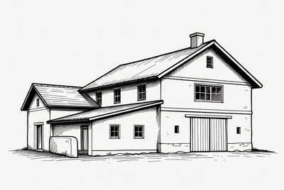 Line drawing barn farmhouse